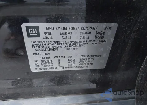 2020 Chevrolet Trax Fwd Lt z USA, uszkodzony, nr VIN KL7CJLSB2LB092308